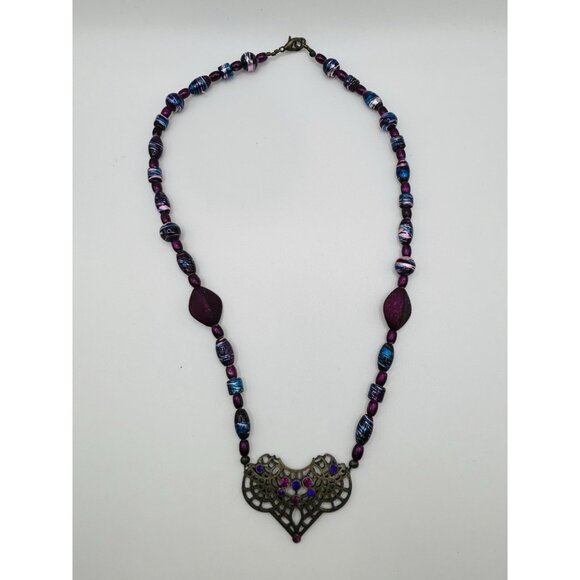 Heart Pendant Bead Purple Blue Gold Tone Necklace 18” - Picture 4 of 5
